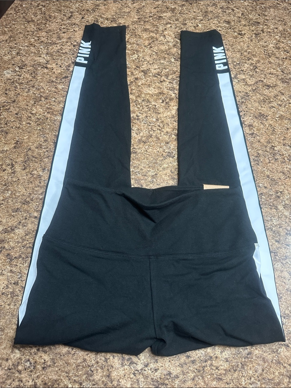 NWT PINK Victoria's Secret Black Leggings with White Side Stripe Medium